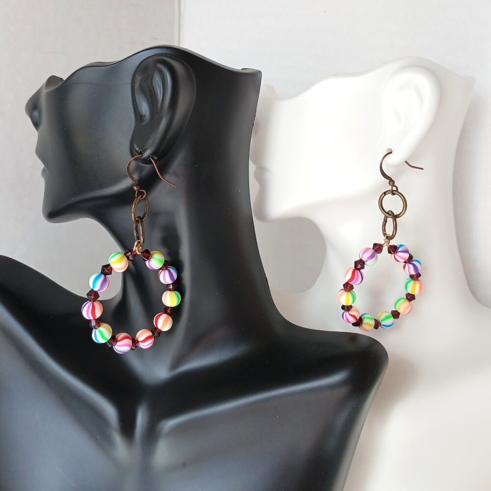Handmade Rainbow Hoop Earrings Round Beads on Aged Copper Fishhooks  2.75 Inch